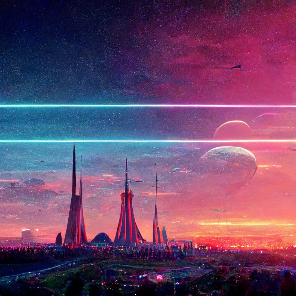 A digital art image depicting a futuristic, sci-fi cityscape at dusk or night, featuring tall, spire-like structures and a glowing horizon. The sky is filled with stars, planets, and horizontal neon light streaks in pink and blue hues, creating a vibrant, otherworldly atmosphere.