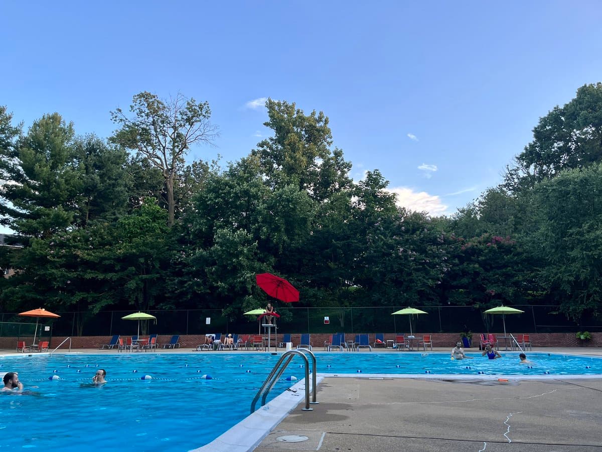 An outdoor swimming pool with several people swimming and a lifeguard on a stand, surrounded by lounge chairs and colorful umbrellas under a clear blue sky.