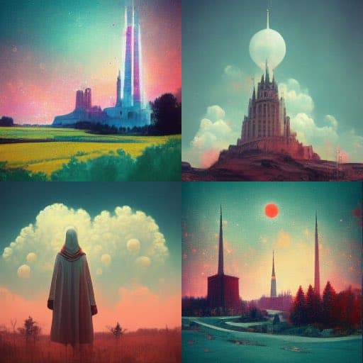 A four-panel digital art collage featuring surreal, fantasy-style landscapes with towering structures, floating orbs, and a cloaked figure, rendered in a vibrant, painterly style. The images depict otherworldly scenes with dramatic skies and architectural elements that blend organic and geometric forms.