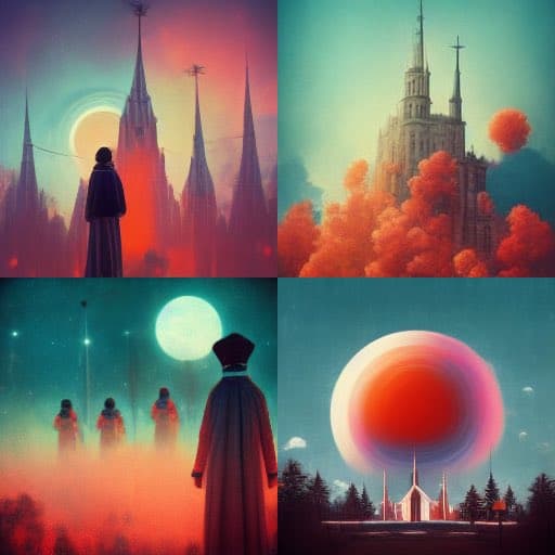 A four-panel digital art collage depicting a mysterious figure in a dark robe standing before various fantastical cityscapes and celestial phenomena, including a large red sun, a full moon, and towering spires. The scenes feature surreal color palettes with prominent reds, oranges, and teals, creating a dreamlike and otherworldly atmosphere. The figure appears to be observing or contemplating the strange environments in each quadrant.