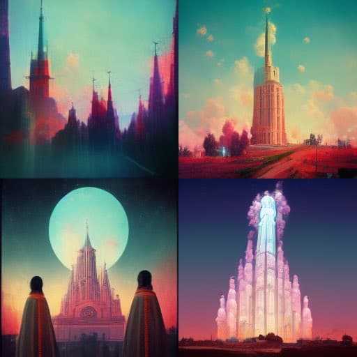 A four-panel digital art collage featuring stylized, fantastical architectural structures resembling towers and spires in various atmospheric settings, including a cityscape, a desert, a night scene with a large moon, and a glowing crystalline formation.