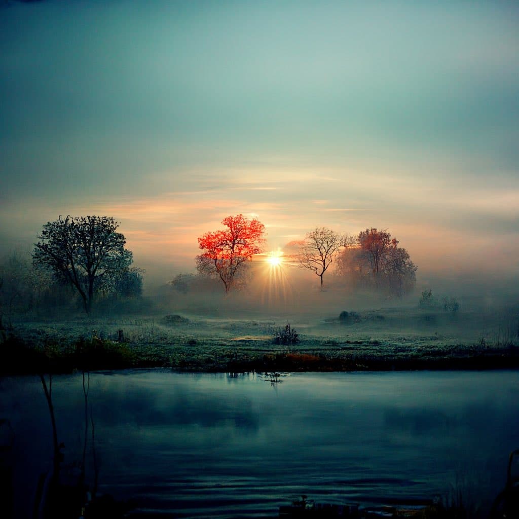 A serene landscape photograph showing a misty sunrise over a calm body of water, with silhouetted trees and a bright sun on the horizon. The scene features a mix of cool blue tones in the foreground and warm orange hues in the sky.