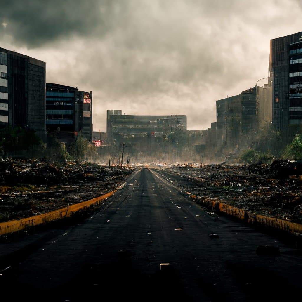 A wide, eye-level photograph of a desolate, post-disaster city street lined with burnt debris and damaged buildings under a heavy, smoke-filled sky.