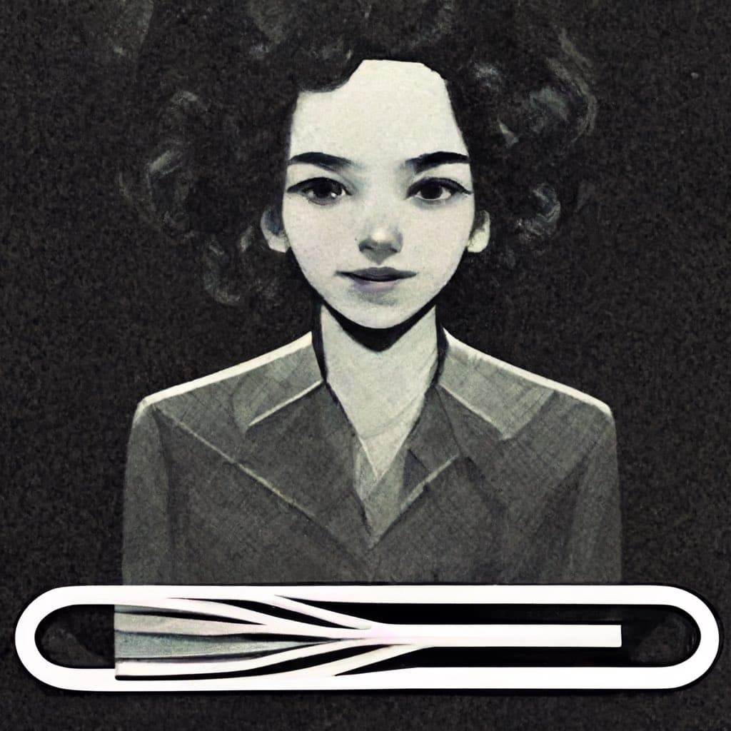 A black-and-white, sketch-style portrait of a person with short, curly hair wearing a collared shirt. A white, stylized progress bar or loading indicator is overlaid at the bottom of the image.