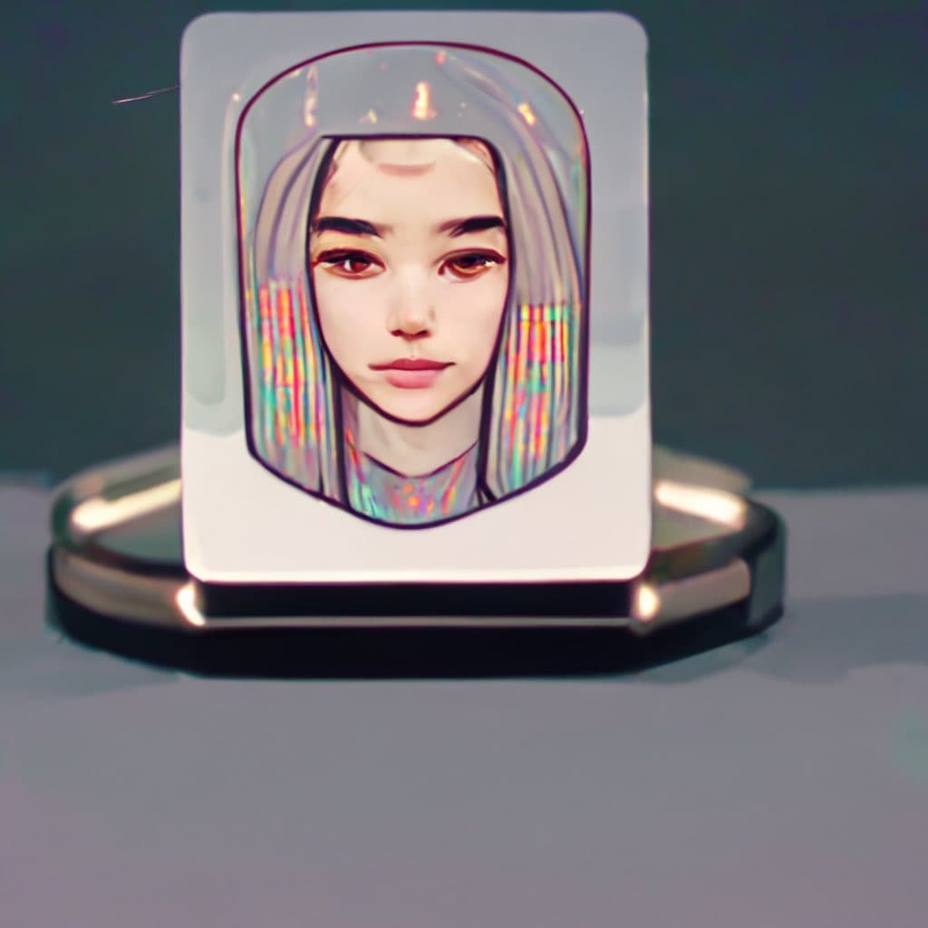 A digital illustration of a stylized female face with long hair and a holographic, iridescent texture, displayed on a white, rounded rectangular card standing on a metallic base.