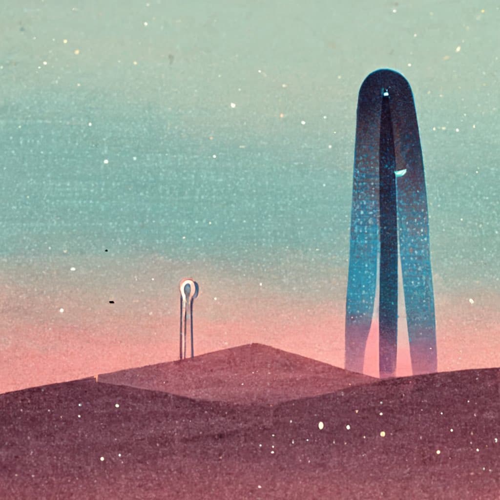 A surreal digital illustration depicting a small, stylized figure standing on a dark, textured hill, gazing up at a towering, arch-like structure against a starry sky that transitions from teal to pink. The scene has a grainy, retro-futuristic aesthetic.