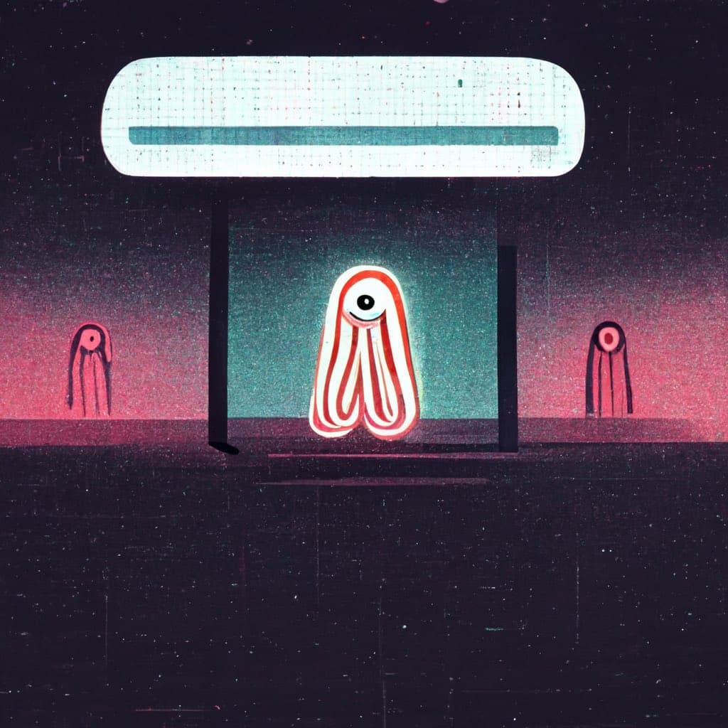 A surreal digital illustration featuring a central, one-eyed, ghost-like figure with red and white striped tentacles standing on a stage. Two smaller, similar figures are visible in the background on either side, beneath a large, blank, illuminated sign.