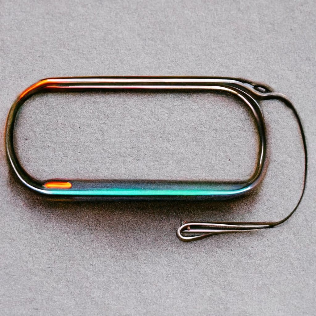 A close-up photograph of a metallic, iridescent carabiner with a wire gate resting on a textured gray surface.