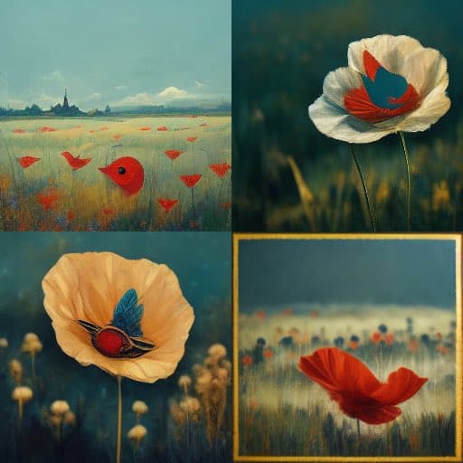 A four-panel collage of surreal, painterly digital art featuring stylized red birds and poppy flowers in a field.