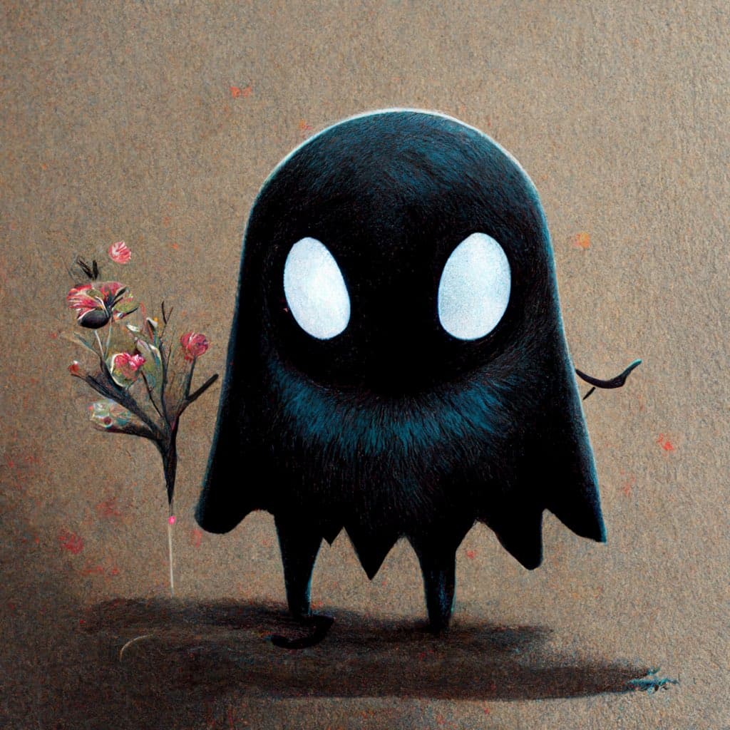 A digital illustration of a small, black, ghost-like creature with large white eyes standing next to a small, flowering plant. The creature has a fuzzy texture and a tattered lower edge, set against a textured, brown background.