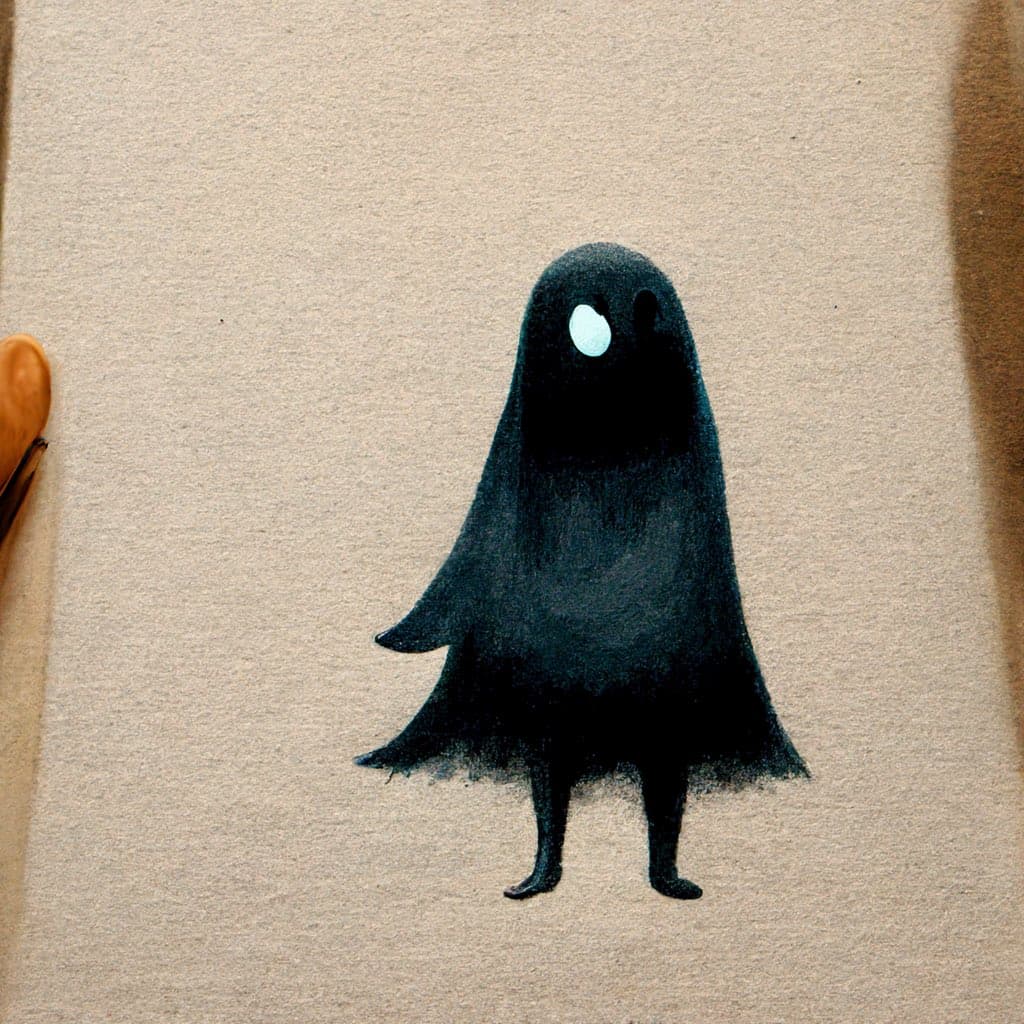 A hand-drawn illustration of a small, black ghost-like figure with a single white eye, standing on two legs on a piece of textured, light-brown paper. A pen is partially visible on the left edge of the page.