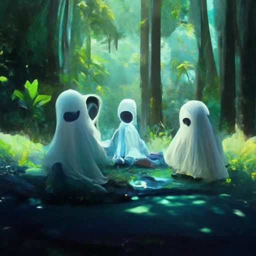 A digital illustration of three ghost-like figures with black eye holes sitting together on a log in a sunlit forest. The scene has a whimsical, ethereal atmosphere with dappled light filtering through the trees.