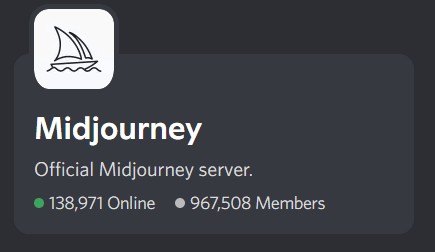 A screenshot of a Discord server profile card for Midjourney, showing its logo, name, description, and member statistics. The card displays 138,971 online users and 967,508 total members.
