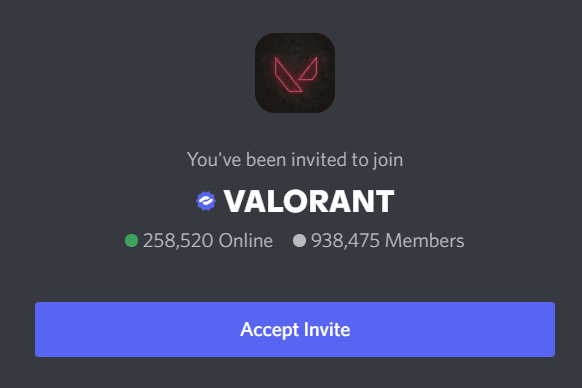 A screenshot of a Discord server invite screen for the VALORANT community. It displays the server's logo, name, online member count (258,520), and total member count (938,475), along with an 'Accept Invite' button.