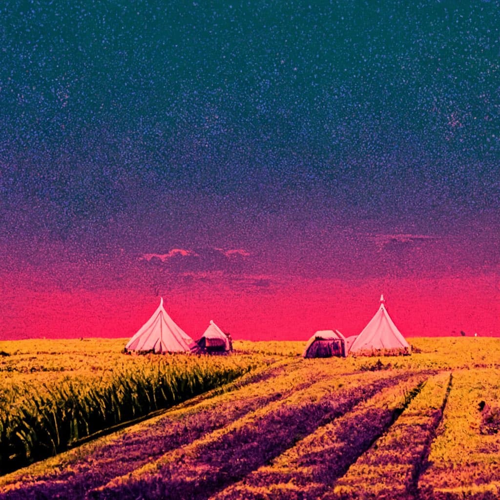 A stylized, high-contrast photograph of a campsite with several white tents set up in a field under a vibrant, star-filled night sky. The image features a dramatic color palette with a deep blue and purple sky transitioning to a bright pink horizon, and a golden-yellow field.