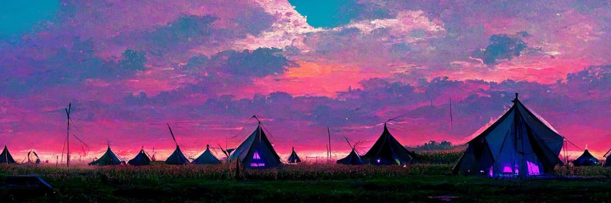 A wide, panoramic photograph of a campsite at dusk, featuring several conical tents illuminated from within by purple light against a vibrant pink and purple sky. The scene is set in a grassy field with tall stalks, and the dramatic clouds fill the upper portion of the image.