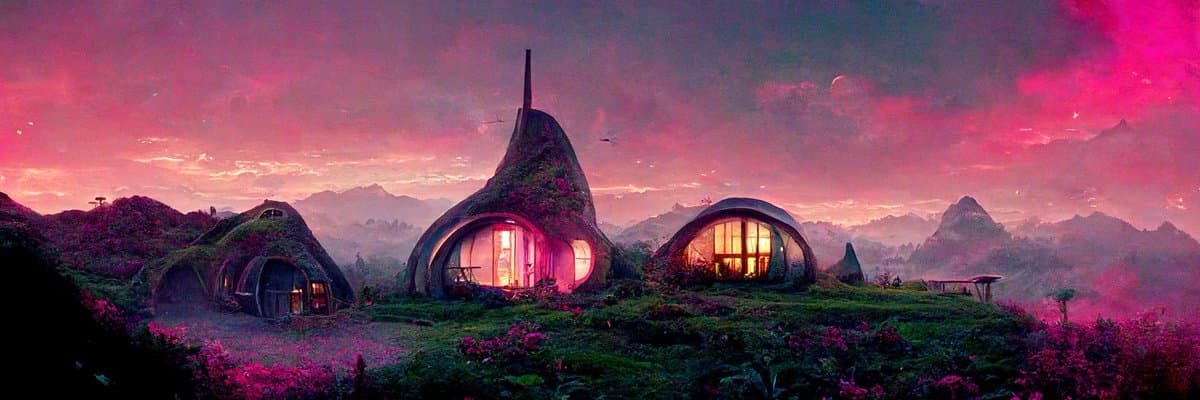 A panoramic digital artwork depicting a futuristic, organic-style village with dome-shaped houses nestled in a mountainous landscape at sunset. The scene is bathed in vibrant pink and purple hues, with warm light glowing from the structures' windows.