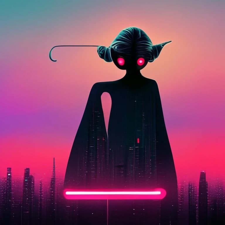 A digital illustration of a dark, hooded figure with glowing red eyes and a neon pink lightsaber, set against a vibrant pink and purple sunset over a futuristic city skyline. The figure's silhouette is filled with the cityscape, creating a double-exposure effect.