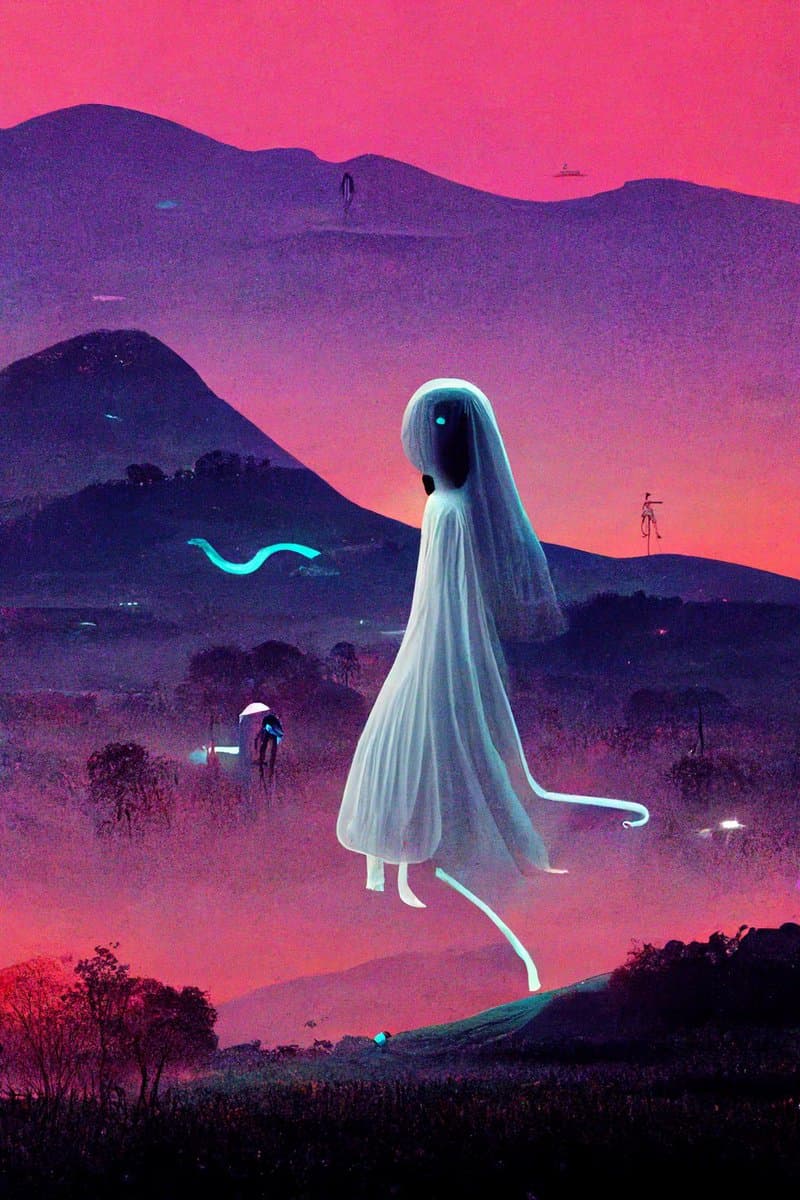 A surreal digital illustration depicts a glowing, ghostly figure with long white hair and a flowing dress floating above a hilly landscape at dusk. The scene is bathed in vibrant pink and purple hues, with small, mysterious lights and silhouettes scattered across the hills.