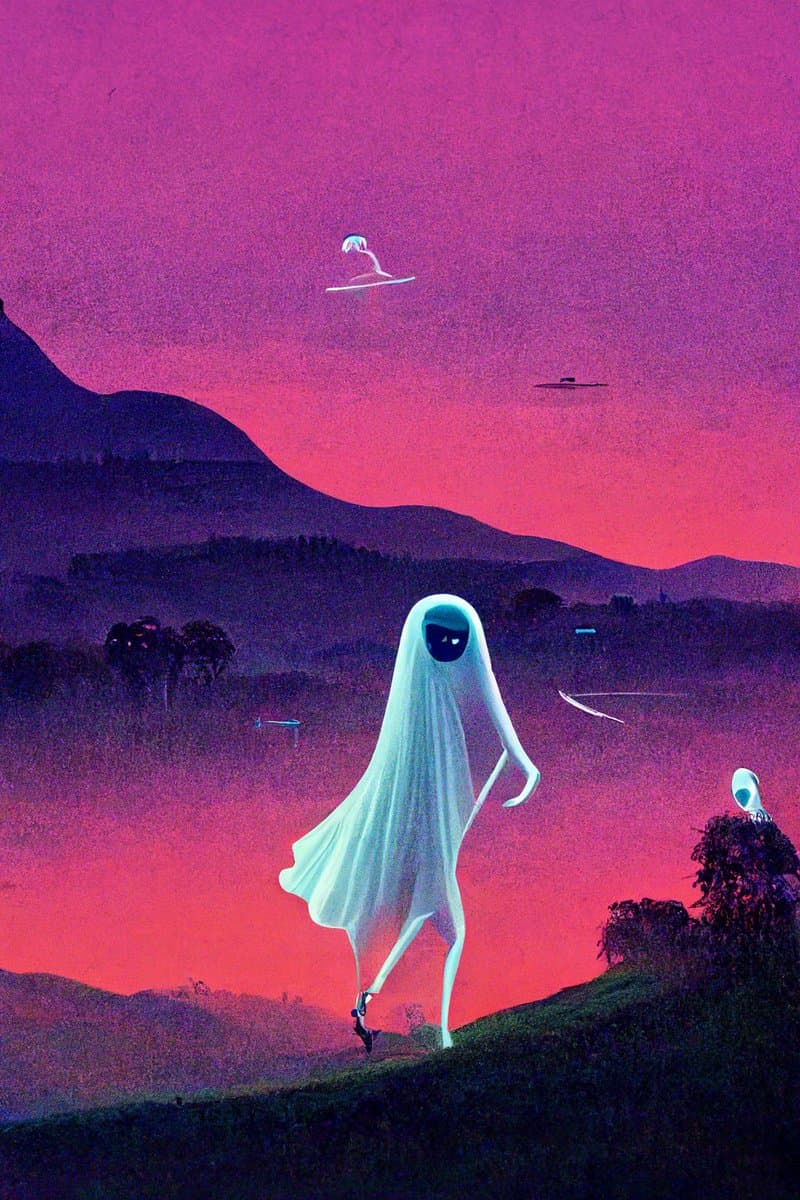 A surreal digital illustration depicts a glowing, ghost-like figure with a dark face walking across a grassy hill at dusk, set against a vibrant pink and purple sky. In the background, a smaller figure appears to be flying on a board, and another small ghostly figure is perched on a tree to the right.