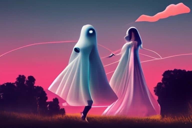 A digital illustration depicts two figures in flowing white robes walking through a grassy field at dusk. The figure on the left is a ghost-like character with a single glowing eye, while the figure on the right appears to be a woman with long hair. The background features a vibrant pink and purple sky with a single pink cloud and silhouetted trees.