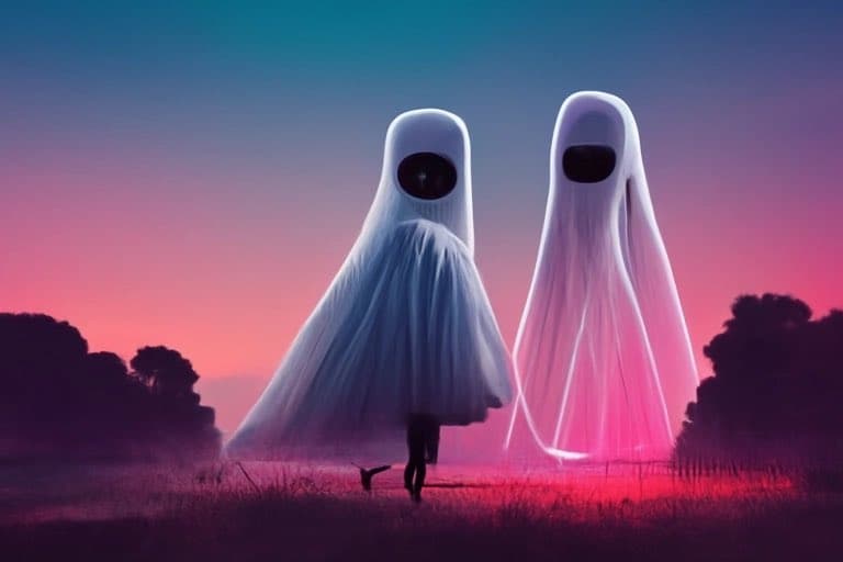 A surreal digital illustration of two ghost-like figures standing in a field at dusk, with a vibrant pink and blue sky in the background. The figure on the left has a large, dark, circular eye, while the one on the right has a smaller, oval-shaped eye. Silhouettes of trees line the horizon, and the ground is illuminated with a reddish glow.