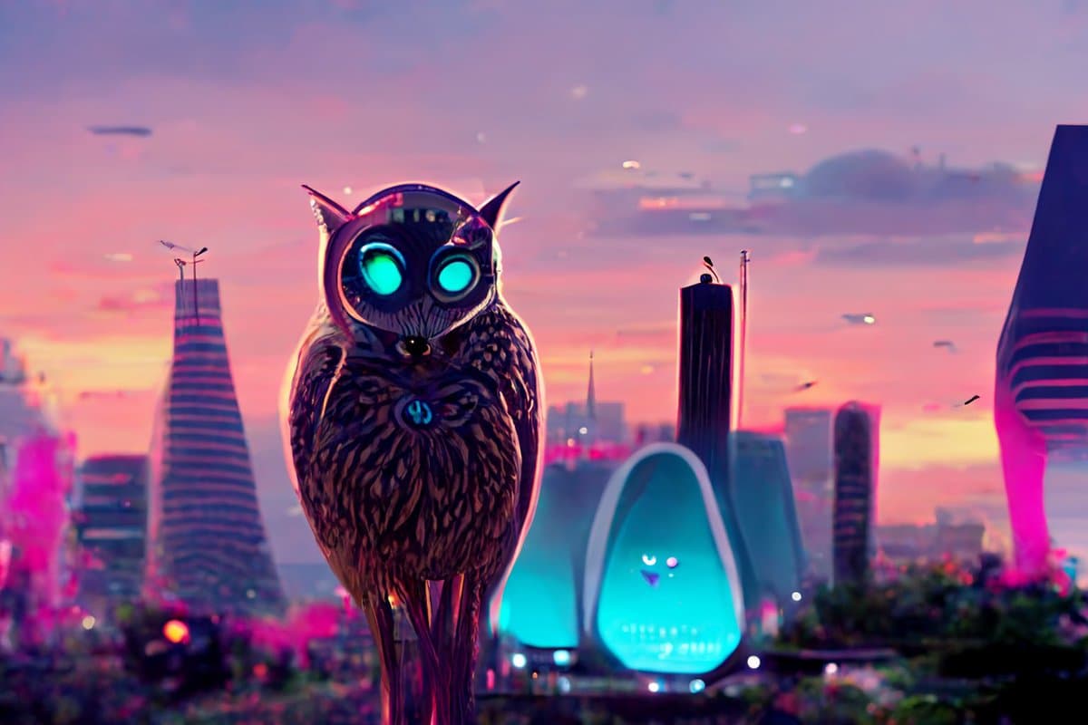 A digital illustration of a stylized, robotic owl with glowing cyan eyes perched in a futuristic cityscape at sunset. The background features sleek, modern skyscrapers and a large, glowing blue egg-shaped structure with a simple face.