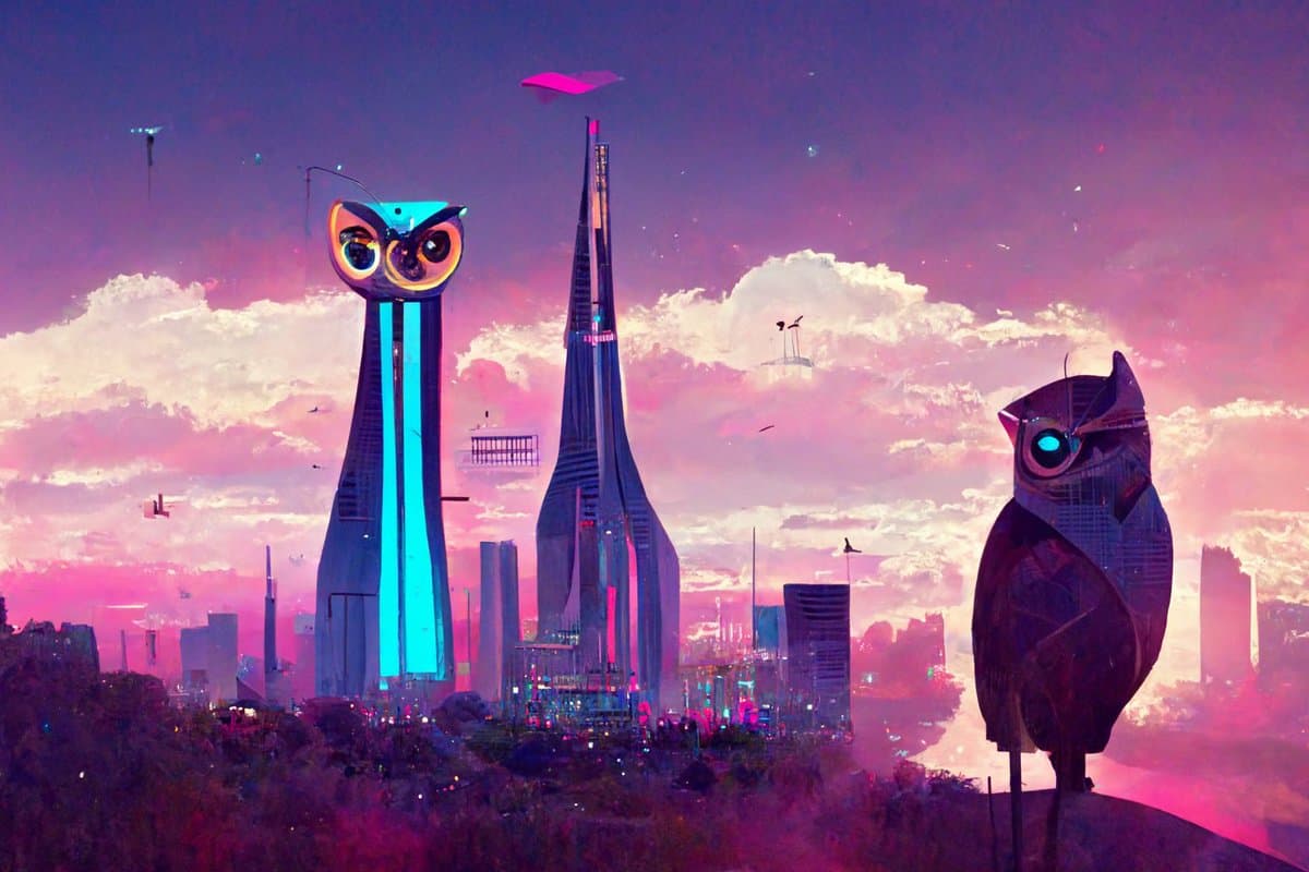 A digital artwork depicting a futuristic cityscape at dusk, featuring two large, stylized owl-like structures integrated into the skyline. The scene is bathed in vibrant pink and purple hues with glowing blue and orange accents on the buildings.
