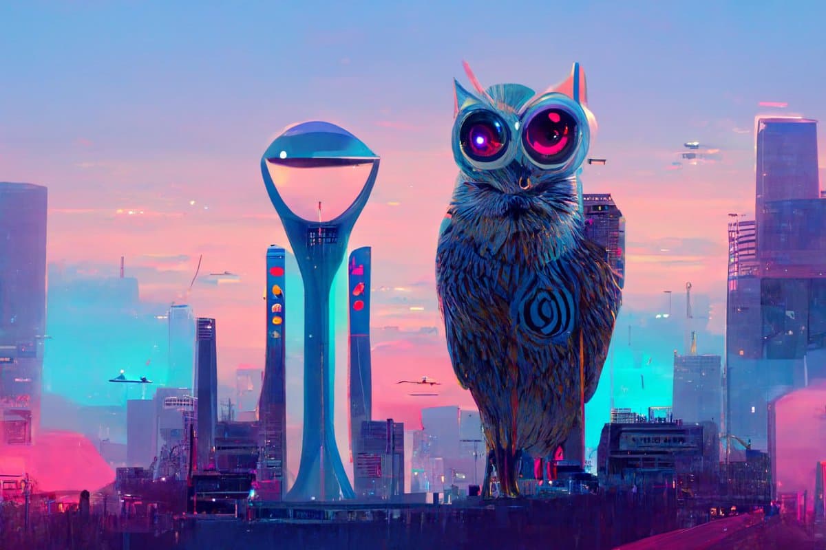 A digital illustration of a large, robotic owl with glowing red eyes standing in a futuristic city at sunset. The background features a distinctive tower resembling the Space Needle and other skyscrapers bathed in pink and blue light.