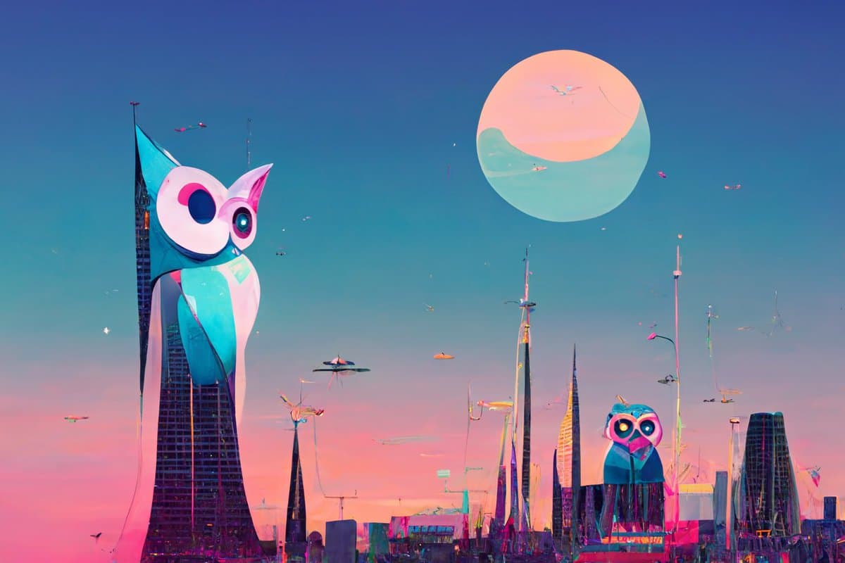 A surreal digital artwork depicting a futuristic cityscape at dusk, featuring skyscrapers shaped like giant owls and a large, stylized moon in the sky. The scene is rendered in vibrant pastel colors with flying vehicles and kites dotting the air.