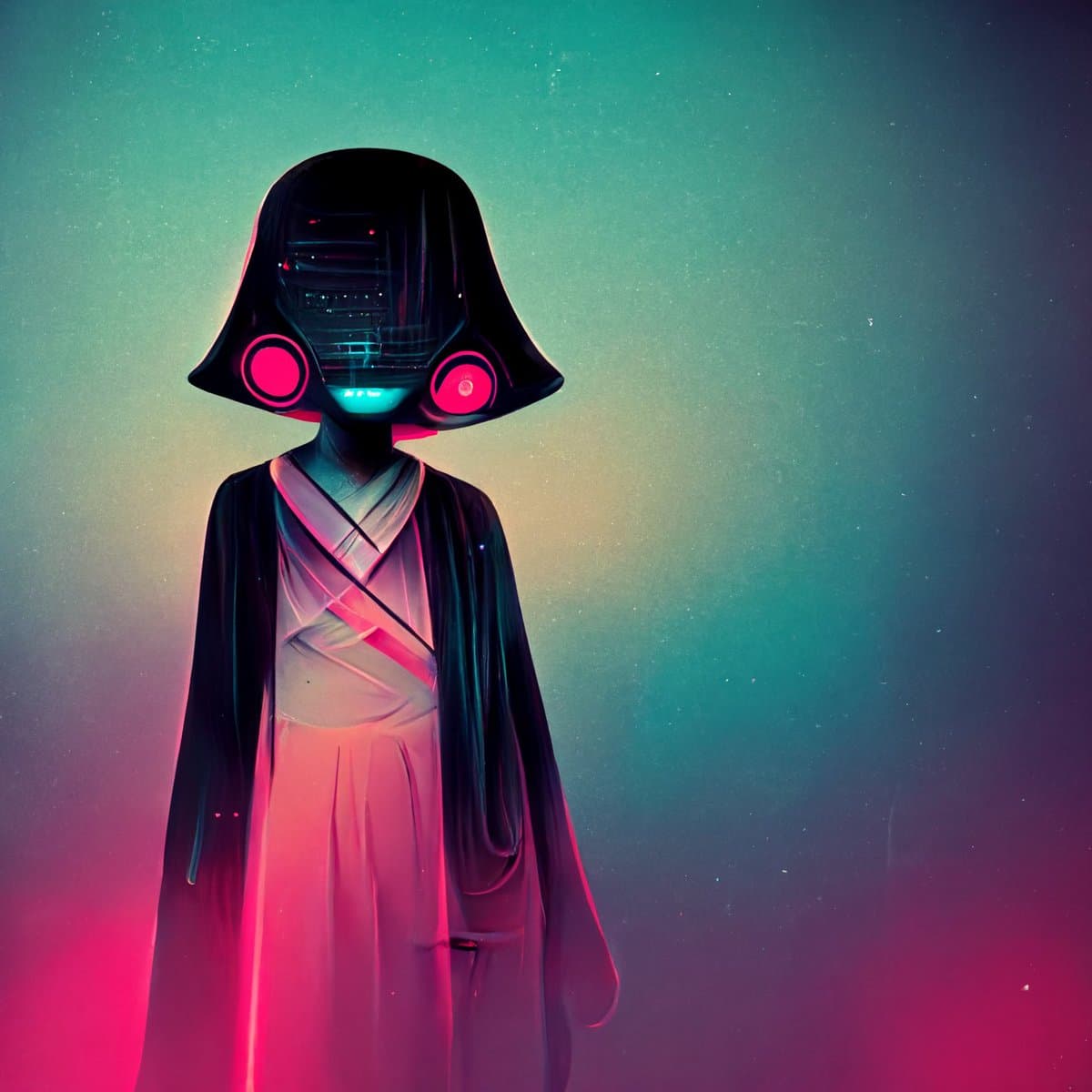 A digital illustration of a figure wearing a black, Darth Vader-style helmet with glowing pink circular accents and a cyan mouth area, dressed in a flowing white robe with a black cape against a gradient teal and pink background. The image has a stylized, sci-fi aesthetic with soft lighting and a grainy texture.