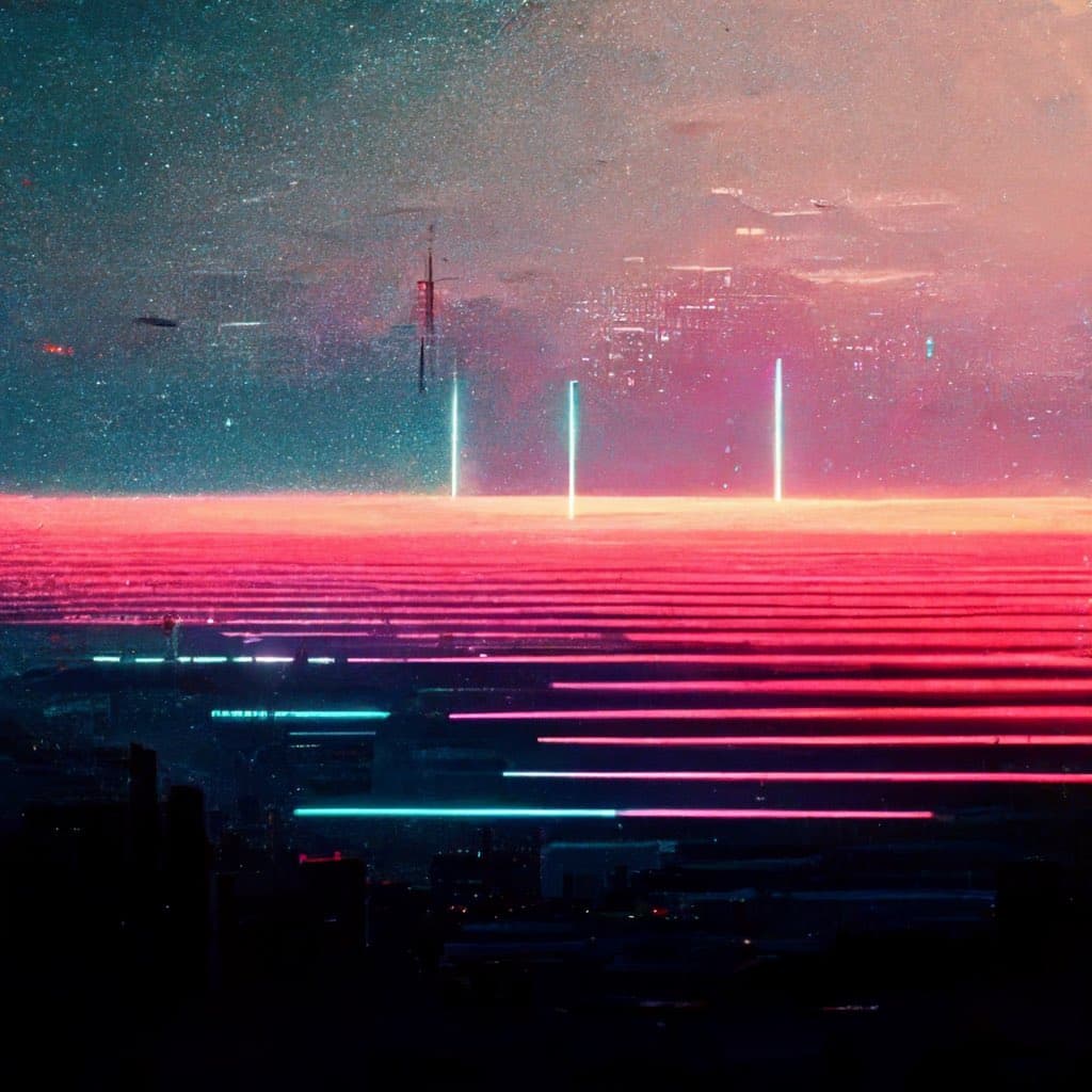 A digital art image depicting a futuristic, neon-lit cityscape at night, featuring a grid of glowing pink and cyan lines over a dark landscape under a starry sky. The scene has a retro-futuristic, synthwave aesthetic with vertical light beams rising from the horizon.