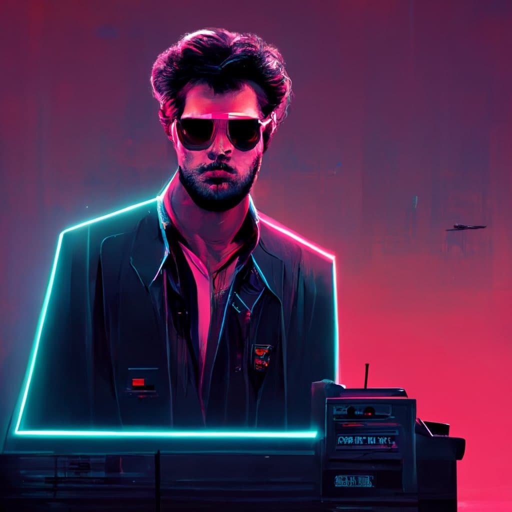 A digital illustration in a neon-noir style depicting a bearded man wearing sunglasses and a jacket, outlined in glowing cyan and pink light. He stands behind a table with a vintage radio or electronic device, set against a hazy, red-lit background.