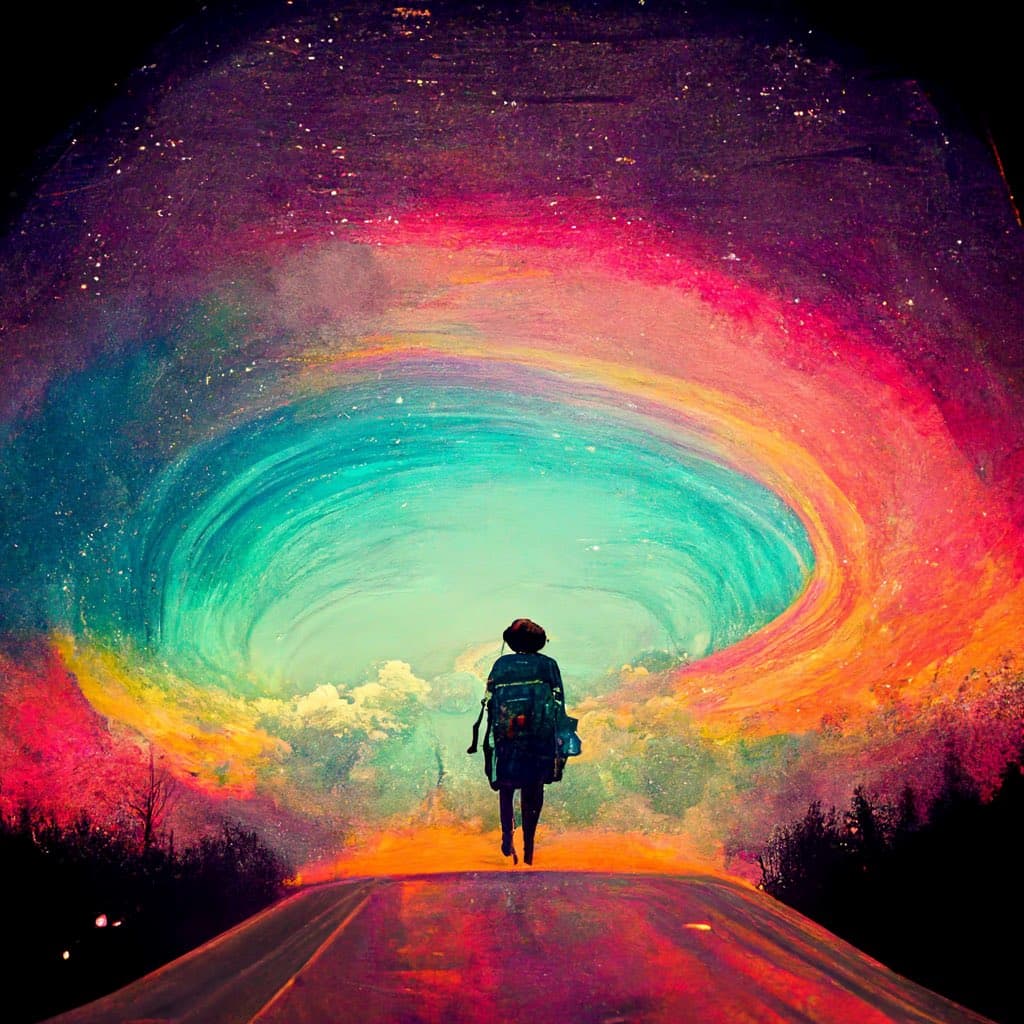 A surreal, vibrant digital artwork depicting a person with a backpack walking down a road toward a massive, swirling vortex of colorful light in the sky. The scene features a psychedelic color palette with swirling bands of pink, orange, and teal, evoking a sense of dreamlike adventure.