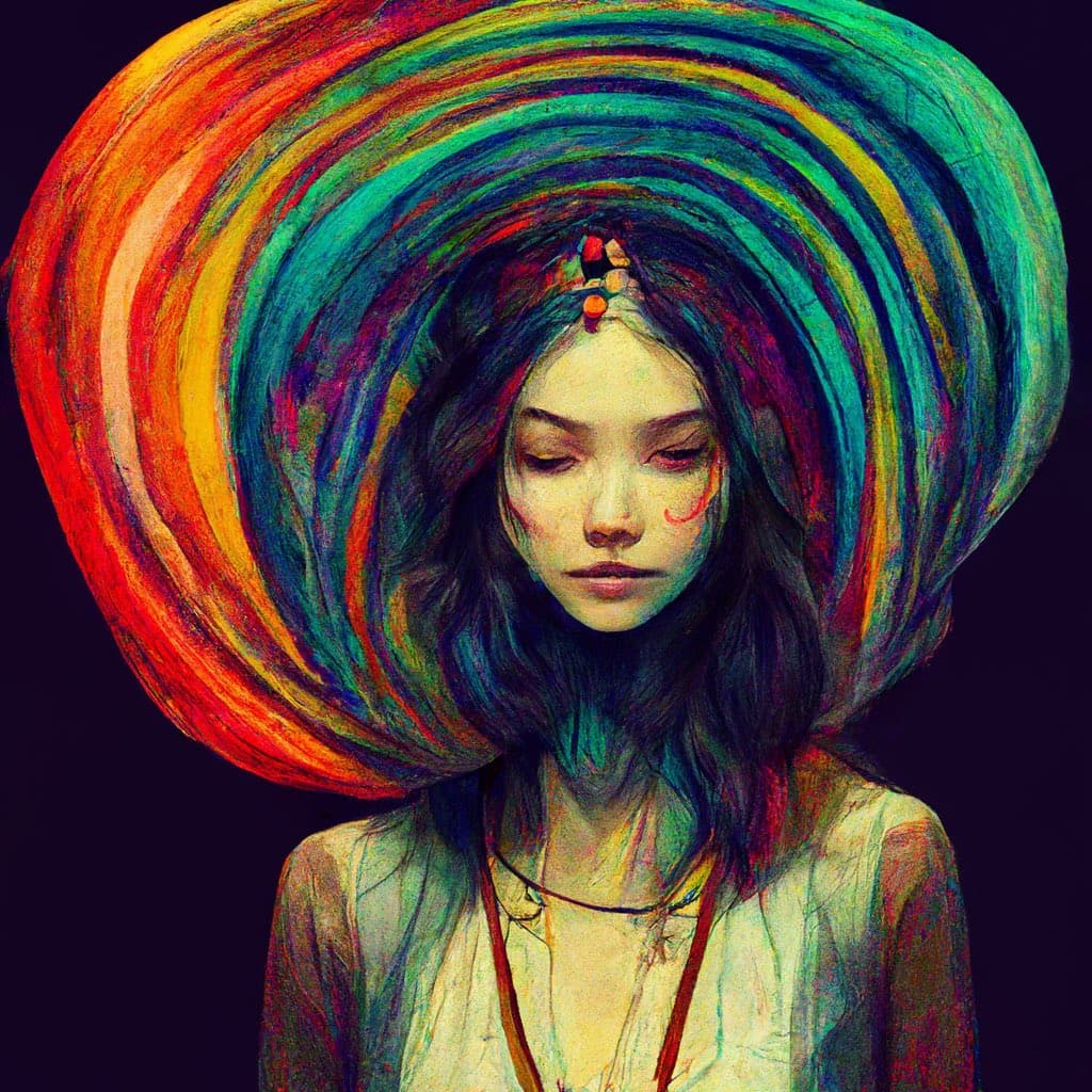 A colorful digital painting of a person with dark hair and closed eyes, wearing a large, vibrant, rainbow-colored hat. The artwork features a textured, painterly style with bold strokes of red, orange, yellow, green, and blue against a dark background.