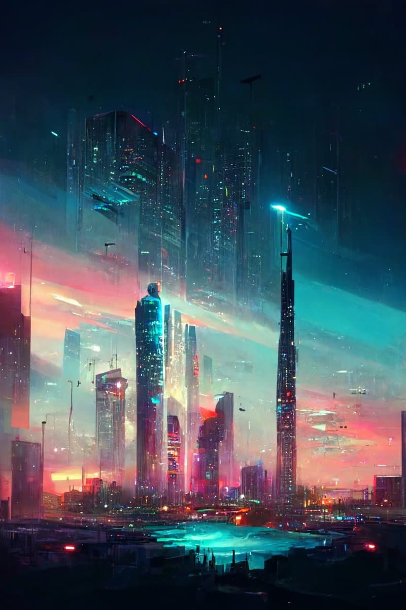 A digital artwork depicting a futuristic, cyberpunk-style cityscape at night, featuring towering skyscrapers illuminated by neon lights in shades of cyan, magenta, and red. The scene is enveloped in atmospheric haze and mist, with a glowing teal light source in the foreground.