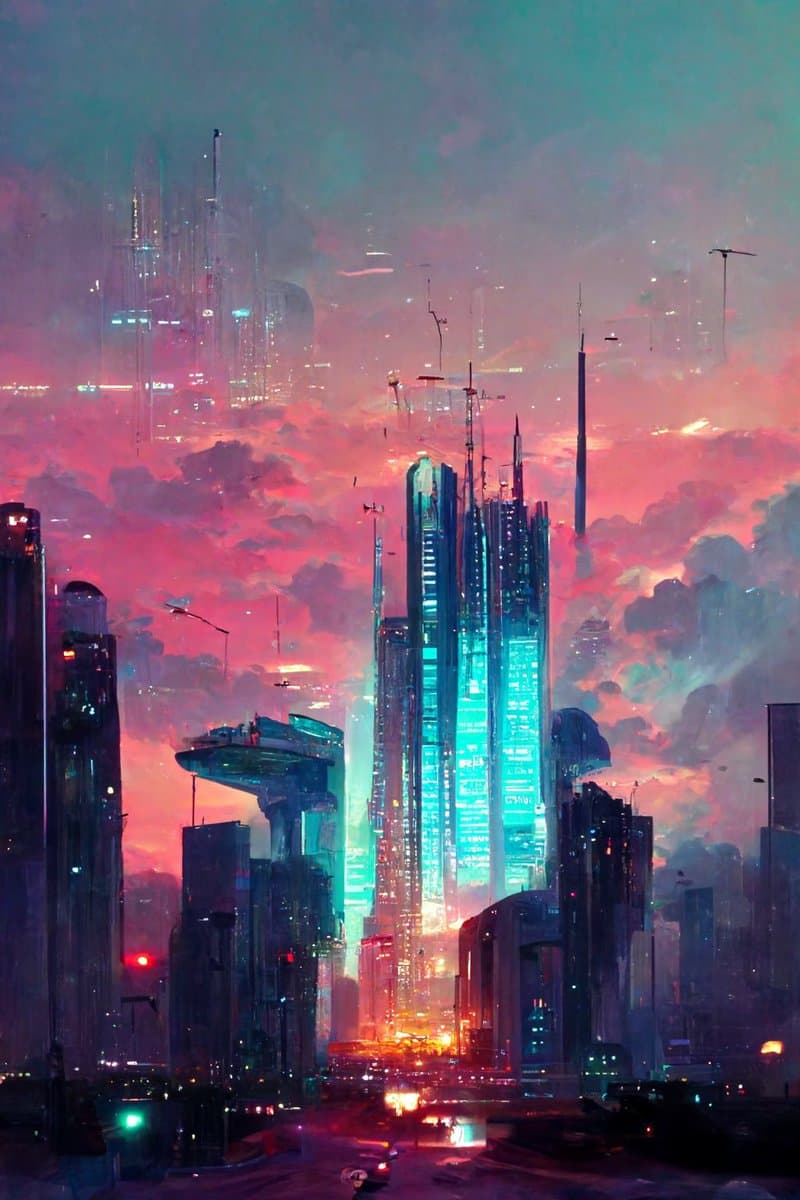 A digital painting of a futuristic cityscape featuring towering skyscrapers with glowing blue and orange lights, set against a vibrant pink and purple cloudy sky. The scene includes flying vehicles and a distinctive, saucer-shaped building on a pillar.
