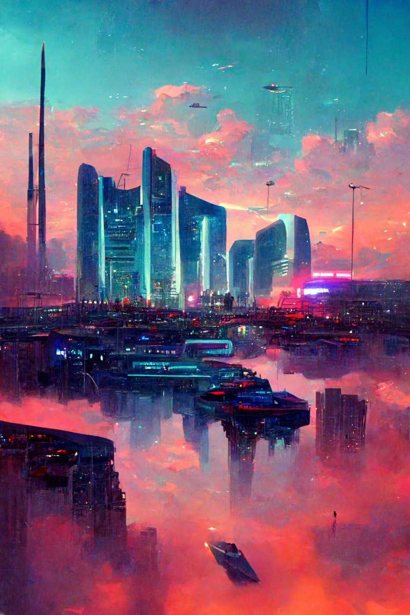A digital painting of a futuristic, cyberpunk-style cityscape at dusk, featuring towering skyscrapers, flying vehicles, and a dense layer of pink and orange fog or clouds at street level. The scene is illuminated by neon lights and the warm glow of the sky.