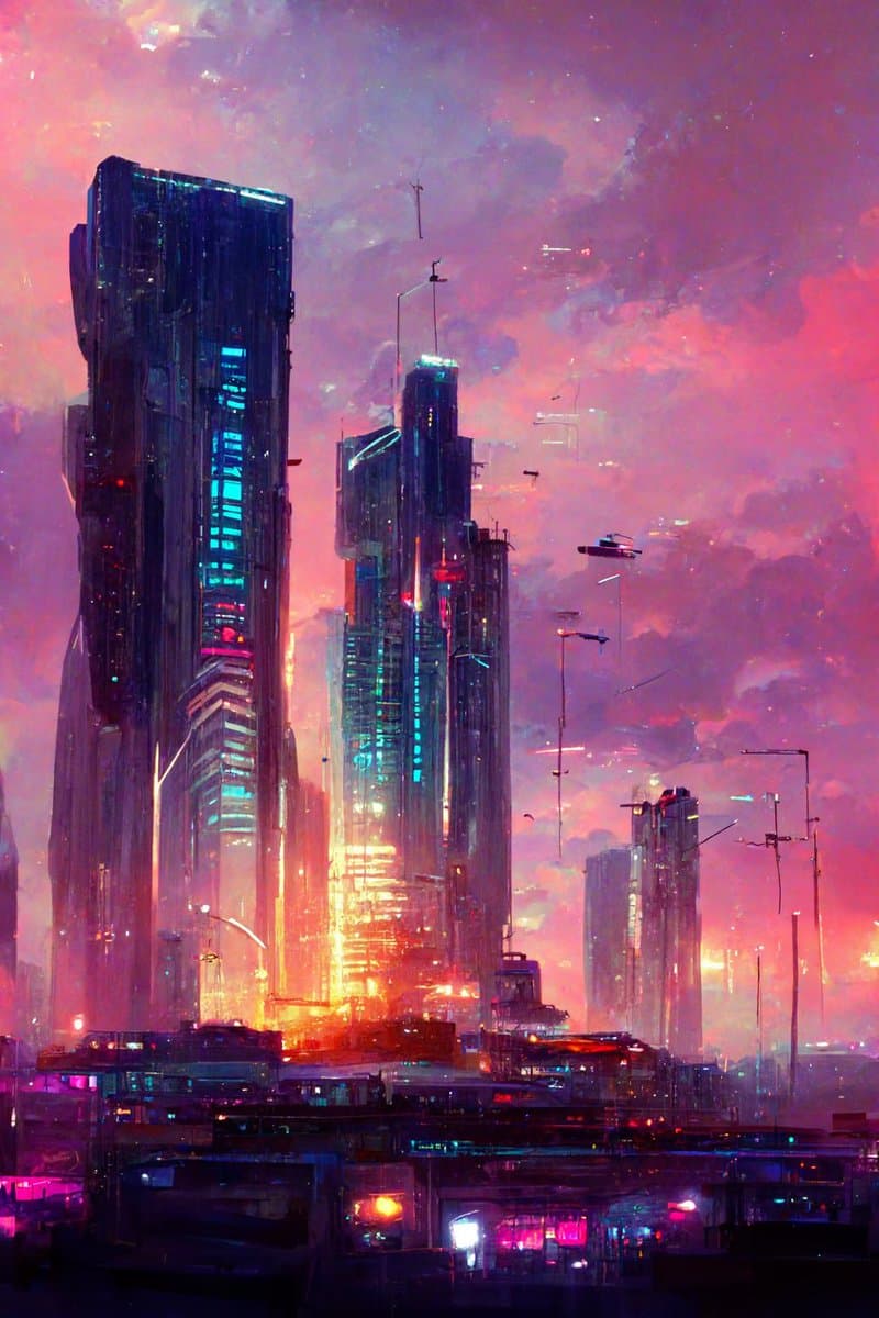 A digital painting of a futuristic, cyberpunk cityscape featuring towering skyscrapers with neon lights against a vibrant pink and purple sky. Flying vehicles and antennas are visible in the air, while the lower levels of the city glow with colorful lights.