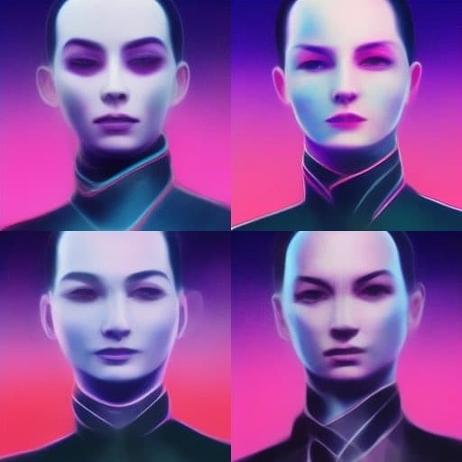 A four-panel grid of AI-generated portraits showing the same person with short dark hair, pale skin, and a high-collared black outfit, each panel featuring different neon pink and blue lighting effects. The image appears to be a digital art piece or AI-generated character sheet.