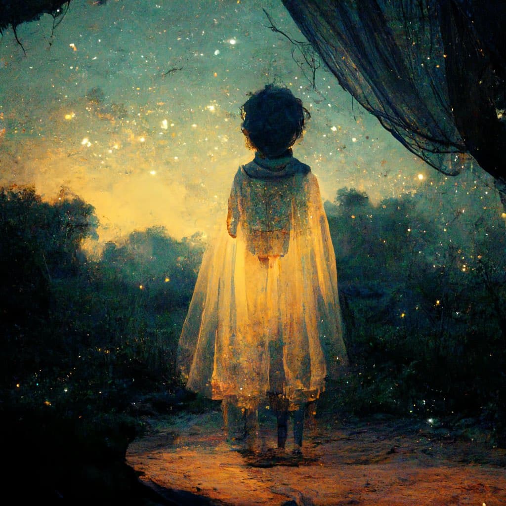A digital painting depicts a person in a flowing white robe standing on a path, facing a glowing, star-filled sky. The scene is set in a dark, forested area with fireflies or glowing particles floating in the air.