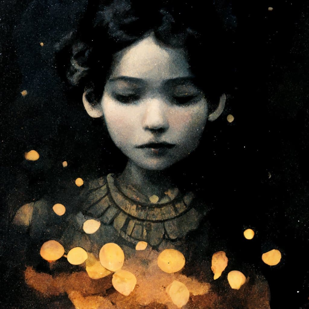 A dark, painterly portrait of a young person with short, curly hair and downcast eyes, wearing a high-collared garment. Glowing, golden orbs float around their shoulders and chest against a black background.