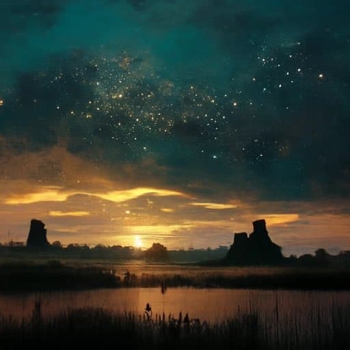 A landscape photograph showing a sunset over a body of water with silhouetted rock formations in the distance and a starry night sky above. The scene features a mix of warm sunset colors and cool night tones, with reflections visible on the water's surface.