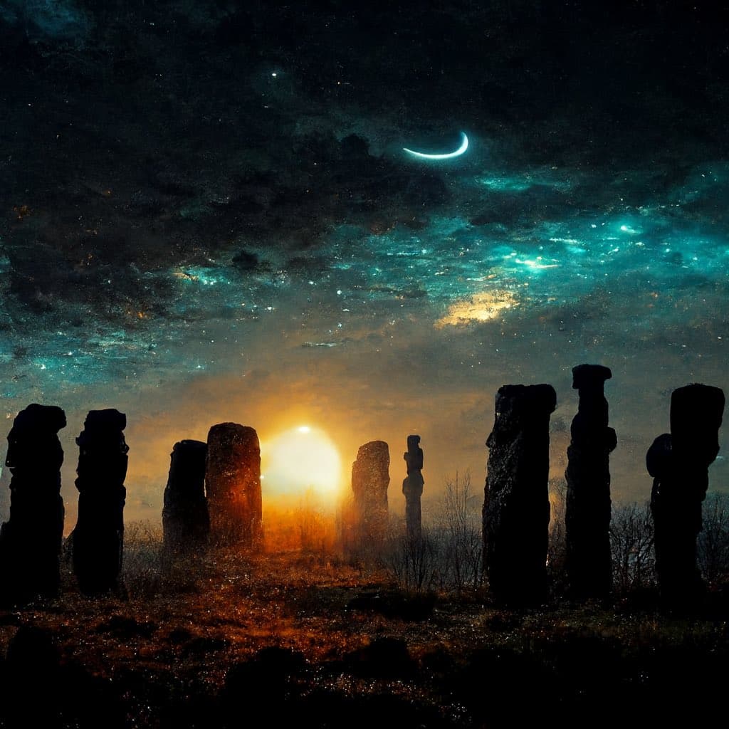 A digital artwork depicting a circle of ancient stone monoliths silhouetted against a dramatic sky featuring a bright, low-hanging sun and a crescent moon. The scene is set in a misty, dark landscape with a starry, teal-colored night sky above.