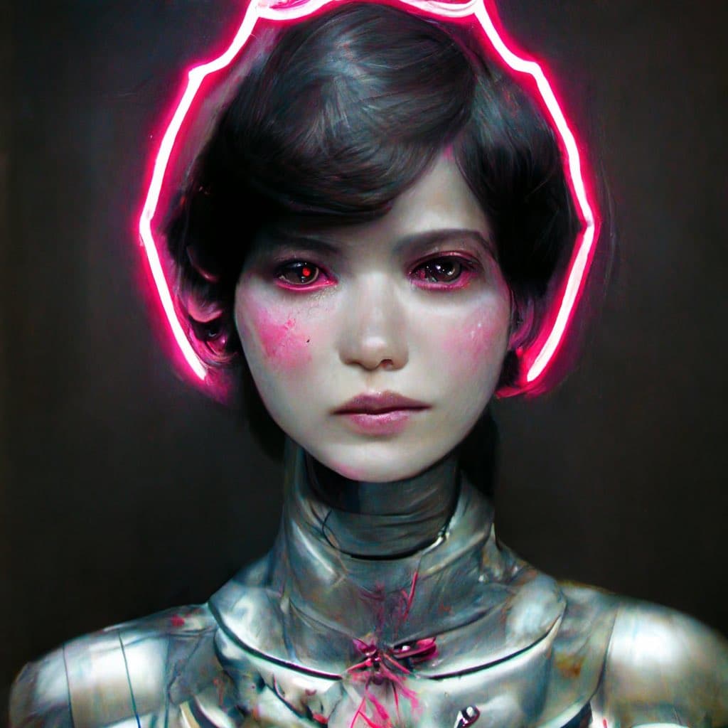 A digital artwork depicting a humanoid figure with short dark hair, pale skin, and red eyes, framed by a glowing pink neon halo. The figure wears a metallic, textured garment with a high collar and red accents, set against a dark background.