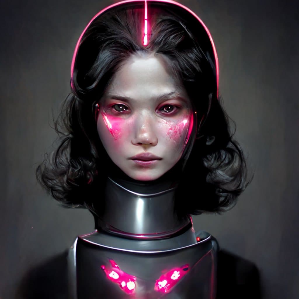 A digital portrait of a humanoid figure with a realistic human face, dark wavy hair, and a metallic robotic neck and chest featuring glowing pink lights. The figure has pink neon accents on its face and a circular halo of light around its head, set against a dark, textured background.