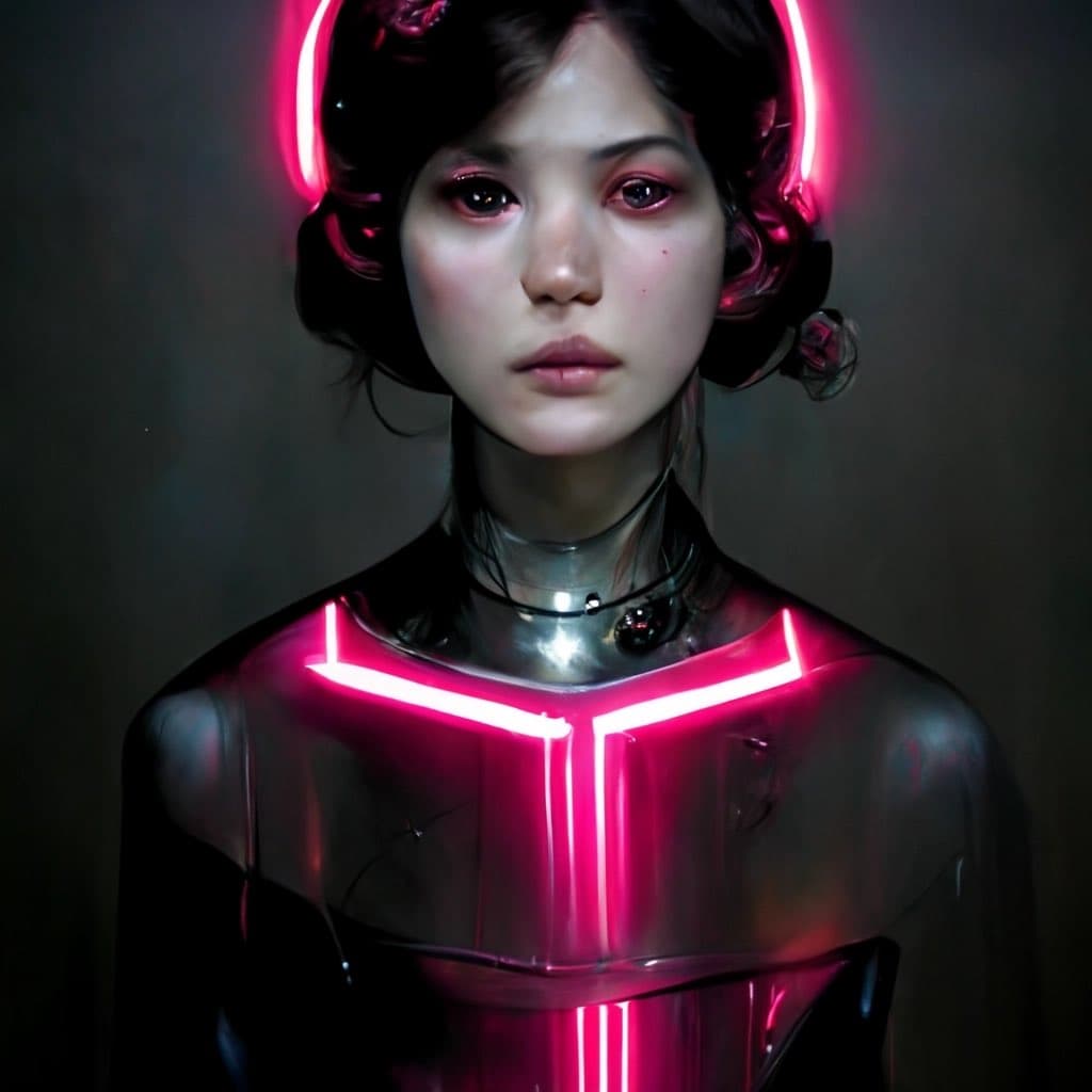 A digital portrait of a person with short dark hair, wearing a futuristic outfit with glowing pink neon accents around the head and chest. The image has a dark, moody background and a cyberpunk aesthetic.