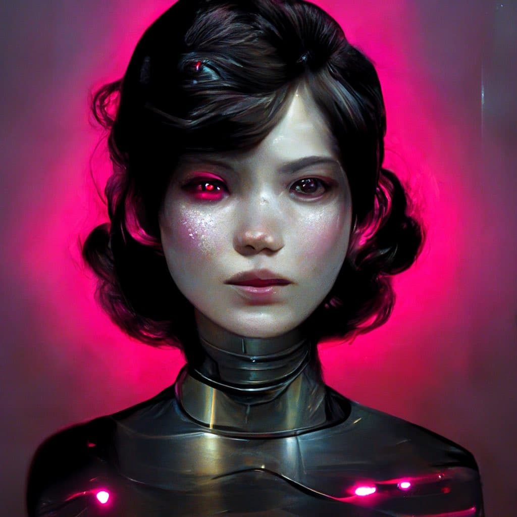A digital portrait of a humanoid figure with a realistic face, dark wavy hair, and a metallic robotic neck and chest, set against a vibrant pink background. The figure has one glowing red eye and small red lights on its body, giving it a cybernetic appearance.