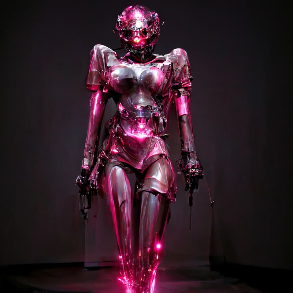 A full-body photograph of a humanoid robot costume with a reflective, metallic silver and pink finish, illuminated by bright pink internal lights. The figure stands against a dark background, featuring a helmet with a glowing visor and articulated limbs.