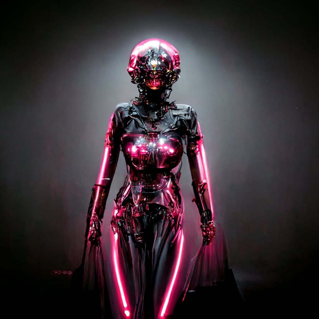 A person stands in a dark studio wearing a futuristic, metallic bodysuit with glowing pink neon accents and a reflective, chrome-like helmet. The outfit features a glossy, chrome-textured torso and limbs with bright pink light strips running down the arms and legs, creating a cyberpunk aesthetic against a dark background.